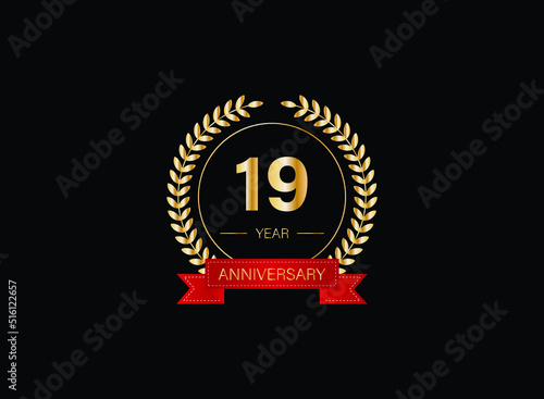19th anniversary celebration with gold glitter color and white background. Vector design for celebrations, invitation cards and greeting cards. eps 10.