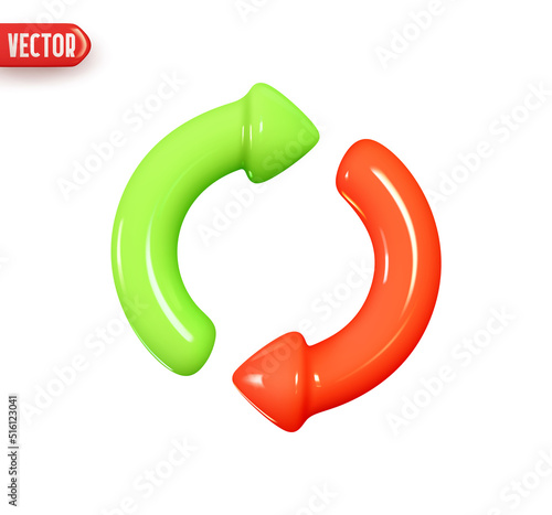 Arrow circle round red and green color. Realistic 3d design In plastic cartoon style. Icon isolated on white background. Vector illustration