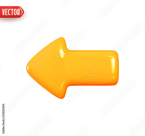 Arrow pointing left yellow color. Realistic 3d design In plastic cartoon style. Icon isolated on white background. Vector illustration
