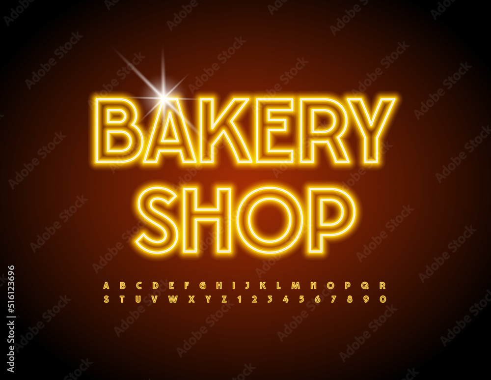 Obraz premium Vector neon signboard Bakery Shop. Bright Electric Font. Glowing Alphabet Letters and Numbers
