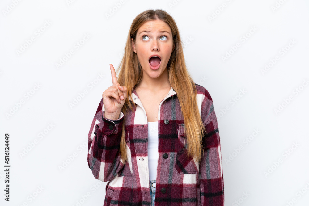 Young caucasian woman isolated on white background thinking an idea pointing the finger up Young caucasian woman isolated on white background thinking an idea pointing the finger up