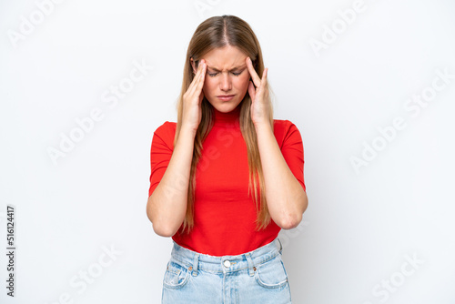 Konstfotografi Young caucasian woman isolated on white background with headache