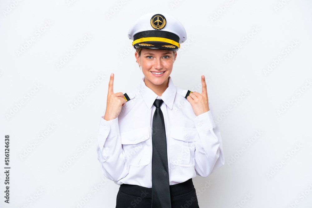 Airplane caucasian pilot woman isolated on white background pointing up a great idea