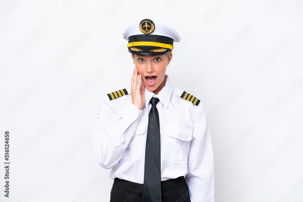 Airplane caucasian pilot woman isolated on white background with surprise and shocked facial expression