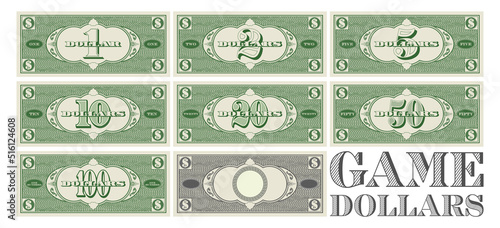 Vector set of gaming dollars in denominations from 1 to 100. Green obverse and gray reverse. Template with empty circle photo