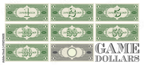 Vector set of gaming dollars in denominations from 1 to 100. Green obverse and gray reverse. Template with empty circle