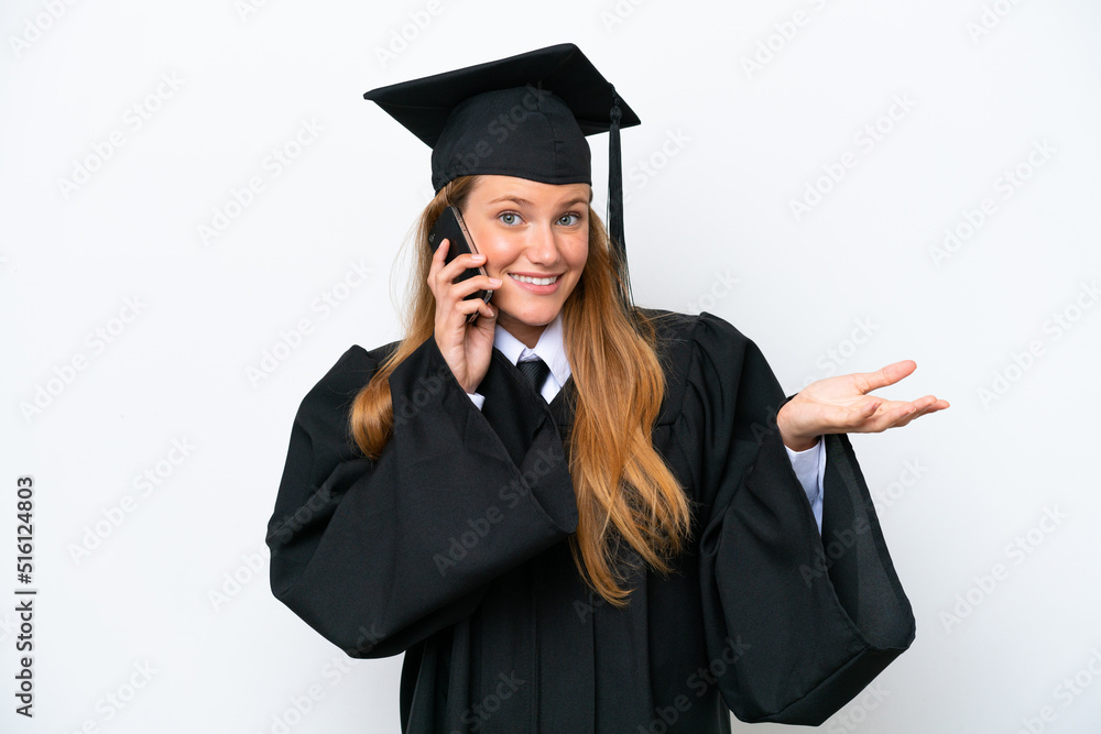 Young university graduate caucasian woman isolated on white background keeping a conversation with the mobile phone with someone Young university graduate caucasian woman isolated on white background keeping a conversation with the mobile phone with someone