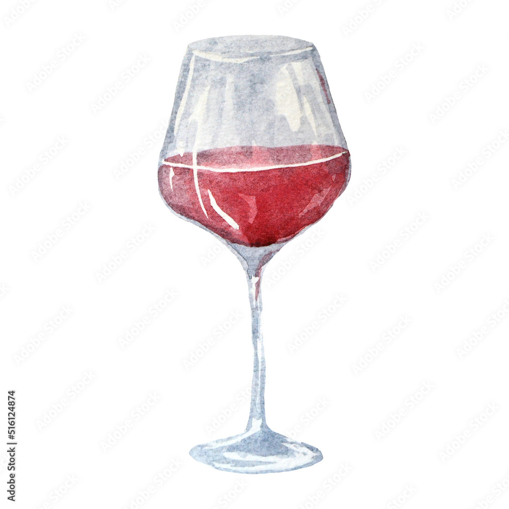 a glass of red grape wine, watercolor hand drawn illustration