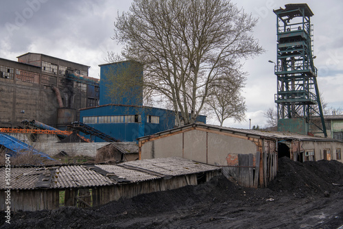 Old mining facility and main entrance to Rudnik Soko, brown coal and copper mine. Sokobanja, Serbia 02.04.2022 photo
