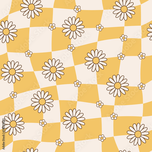 Seamless pattern psychedelic groovy checkerboard background in style retro 70s. Illustration with colorful flowers for wallpaper, fabric, textiles. Vector