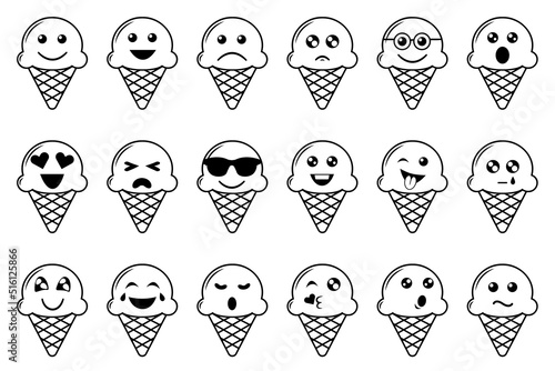 Ice cream emoticons set. Collection of waffle cone ice cream collection with black thin line isolated on white background. 