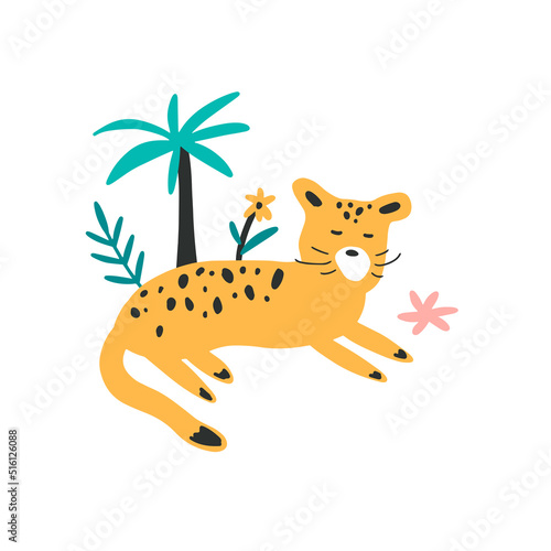 A Little yellow wild cat with pink flower and palm tree. Cute animal lying in jungle forest. Vector graphic for poster, postcard, t shirt design. Childish hand drawn illustration.