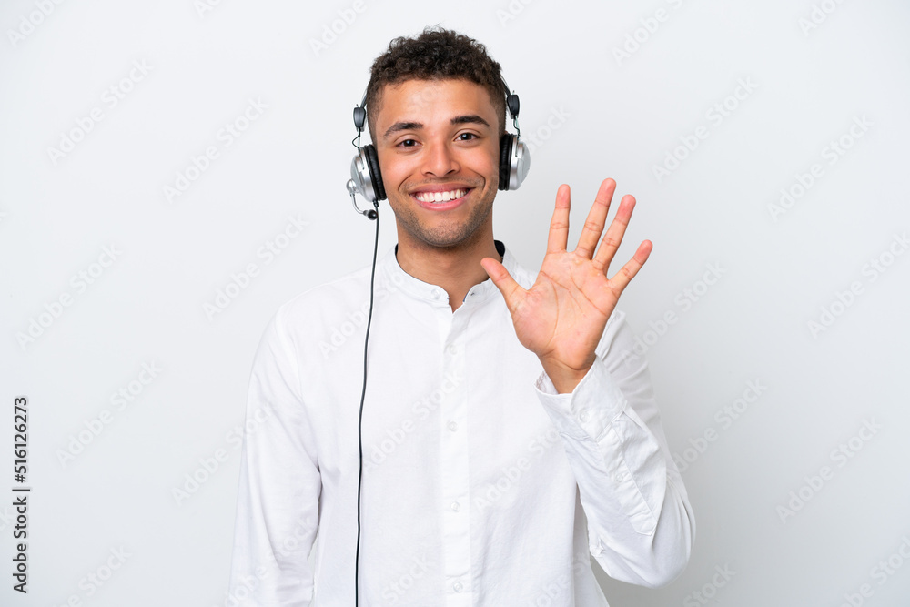 Telemarketer Brazilian man working with a headset isolated on white background counting five with fingers Telemarketer Brazilian man working with a headset isolated on white background counting five with fingers