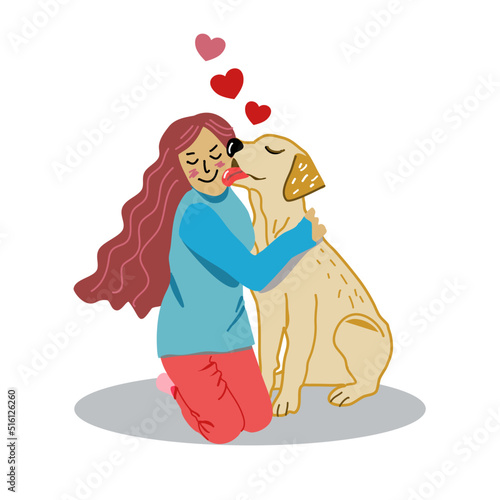 drawing of a red hair girl who hug her dog that licking on her smile face with red heart show love and care to each other ,pet and human best friend concept