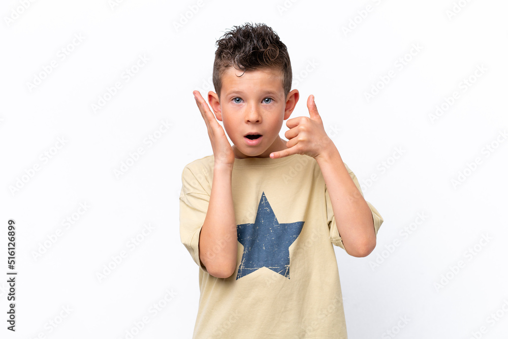 Little caucasian boy isolated on white background making phone gesture and doubting Little caucasian boy isolated on white background making phone gesture and doubting