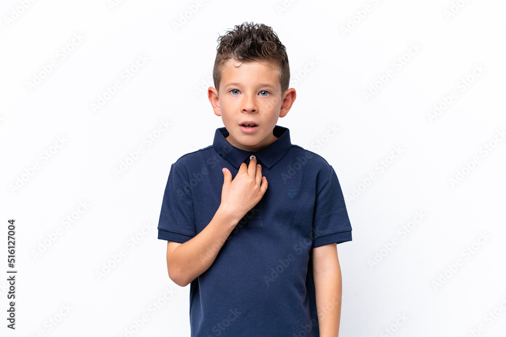 Little caucasian boy isolated on white background pointing to oneself Little caucasian boy isolated on white background pointing to oneself