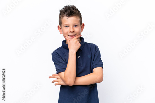 Little caucasian boy isolated on white background happy and smiling