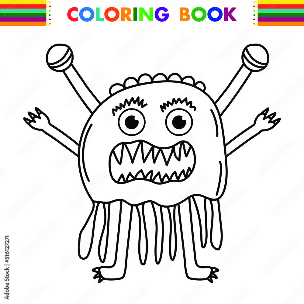 Funny and cute Alien monster with three eyes for kids. Imaginary creature for children coloring book, black and white outline fantasy cartoon for coloring pages. Funny and cute Alien monster with three eyes for kids. Imaginary creature for children coloring book, black and white outline fantasy cartoon for coloring pages.