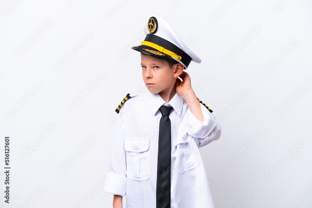 Little airplane pilot boy isolated on white background having doubts Little airplane pilot boy isolated on white background having doubts