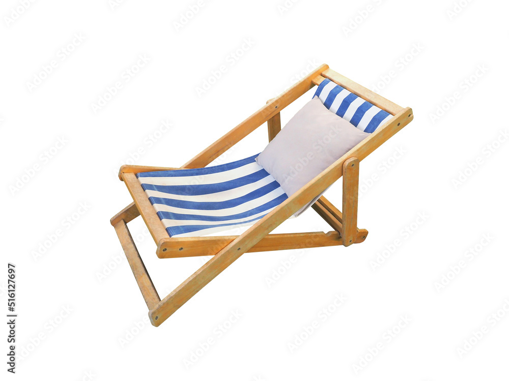 Folded beach chair and white pillow on white background.