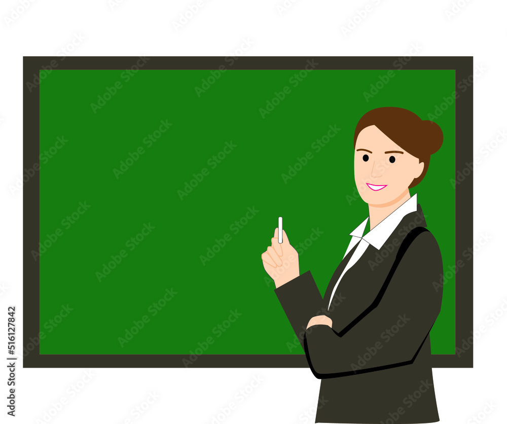Young female teacher wearing suit holding chalk near blackboard with copy space. School, college, university professor. Young female teacher wearing suit holding chalk near blackboard with copy space. School, college, university professor.
