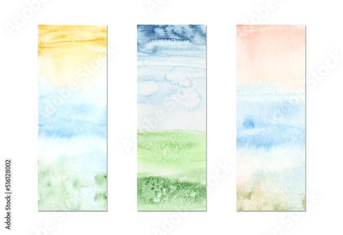 Watercolor landscape texture background. Blue, green, yellow abstract landscape gradient. Sky batik graphic. Fall color painting. Design illustration brush stroke. Aquarelle art backdrop set