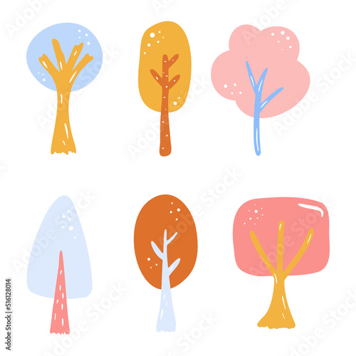 Baby colorful flat trees set. Hand-drawn vector elements. City childish collection