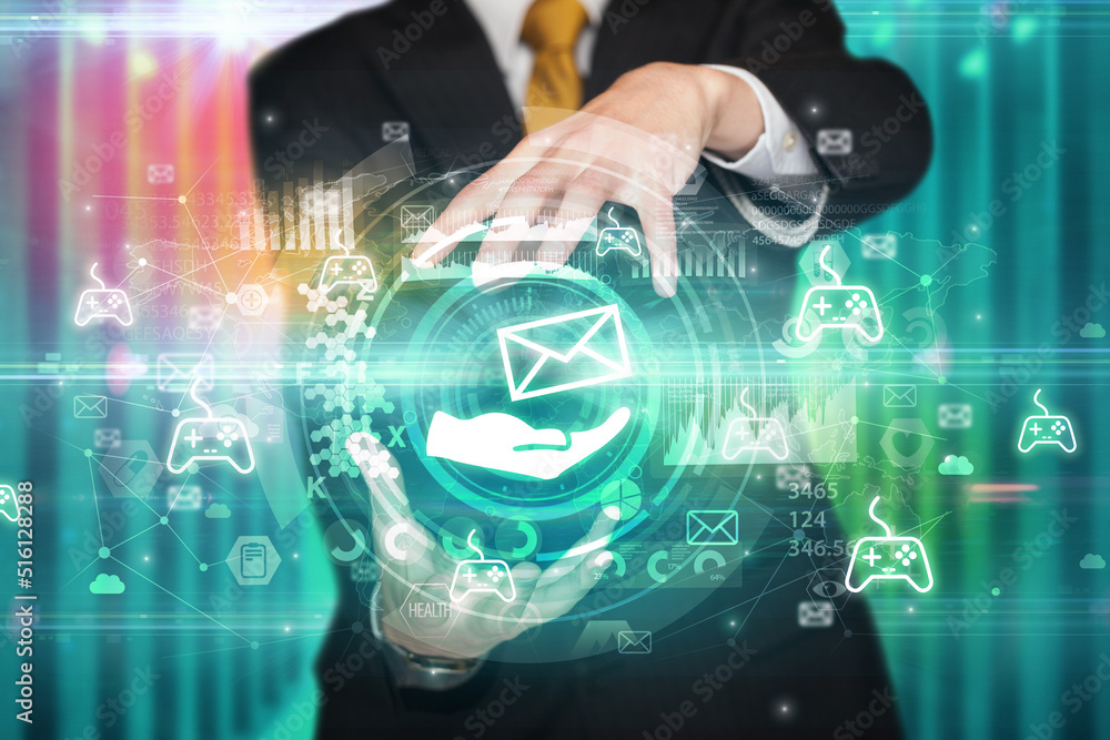 Fototapeta premium Businessman holding technology icon concept