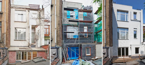 Three steps of Backyard building facade repair and insulation © pbombaert