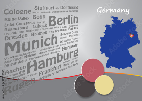 Travel to Germany concept template with map of Germany. Names of the most famous destinations in Germany forms background.