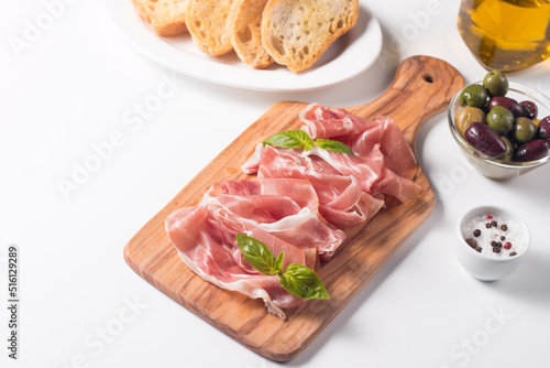 Closeup of thin slices of prosciutto. Italian food 