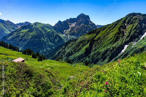 Urlaub im Kleinwalsertal, Österreich: Wanderung in der Nähe von Baad zum Grünhorn mit Blick auf Almen und den Widderstein photo