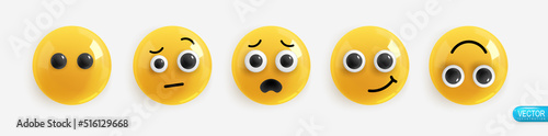 Realistic Emotion. 3d Render. Set Icon Smile Emoji. Vector yellow glossy emoticons.