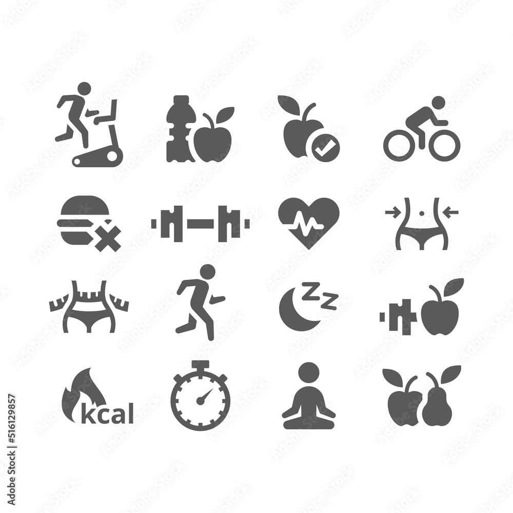 Workout and exercising vector icon set. Fitness, weight loss and healthy eating and lifestyle filled icons.