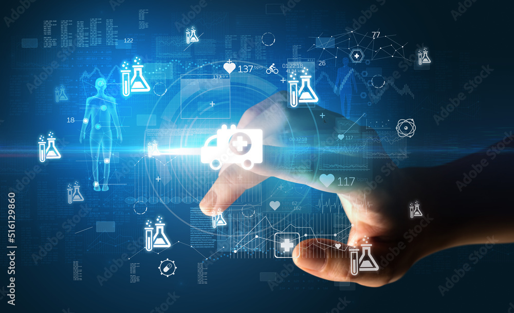 Doctor hand pressing futuristic health device with medical symbol on screen Doctor hand pressing futuristic health device with medical symbol on screen
