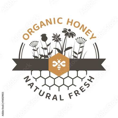Colorful honey vector label with honeycomb. Organic, natural honey and wild flowers. 