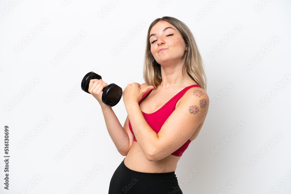 Young sport Rumanian woman making weightlifting isolated on white background proud and self-satisfied Young sport Rumanian woman making weightlifting isolated on white background proud and self-satisfied