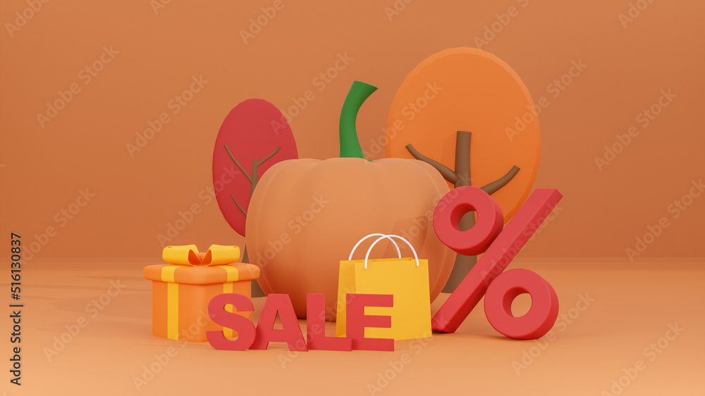 Obraz premium Autumn Sale Background, Concept banner, poster or flyer design, Template for advertising, web, social and fashion ads with big pumpkin and shopping bag on orange background. 3d rendering