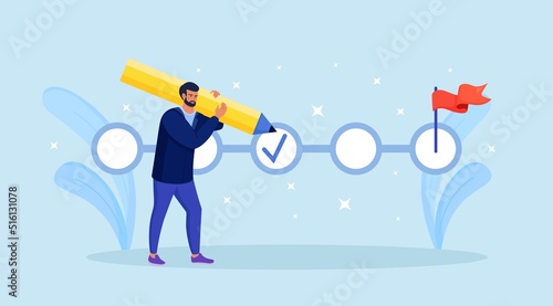 Plan fulfilled, mission completed. Businessman fill out to do list or checklist with big pencil. Successful execution of business tasks. Work planning, time management. Done job