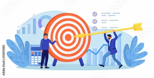 Businessman driving arrow to goal. Person sets and achieves goals. Business success achievement. Smart solution to achieve mission. Man aiming to target and hitting it
