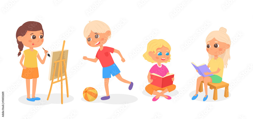 Set of school kids keening on hobbies. Pupils with book, seasel, ball. Vector illustration. Set of preschooler children teenagers characters in different poses, clothes, wear, apparel. Modern children Set of school kids keening on hobbies. Pupils with book, seasel, ball. Vector illustration. Set of preschooler children teenagers characters in different poses, clothes, wear, apparel. Modern children