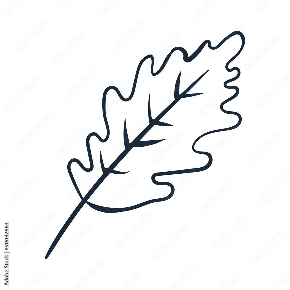 Oak leaf line art. Vector illustration with scribbles on the theme of cozy autumn. Cute element for greeting cards, posters, stickers and seasonal design. Isolated on a white background.