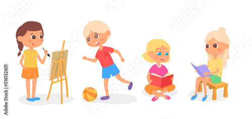 Set of school kids keening on hobbies. Pupils with book, seasel, ball. Vector illustration. Set of preschooler children teenagers characters in different poses, clothes, wear, apparel. Modern children