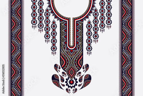 Vector ethnic neckline embroidery flower Indian color style with border on white background. Elegant tribal art shirts fashion.
