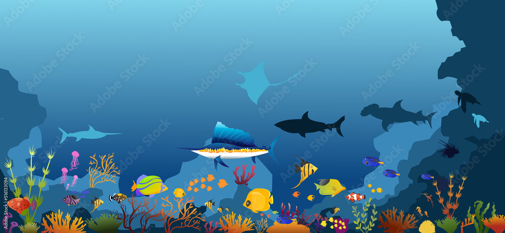 coral reef with fish underwater on a blue sea background. Vector ocean ...