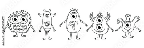 Funny and cute Alien monster with three eyes for kids. Imaginary creature for children coloring book, black and white outline fantasy cartoon for coloring pages.