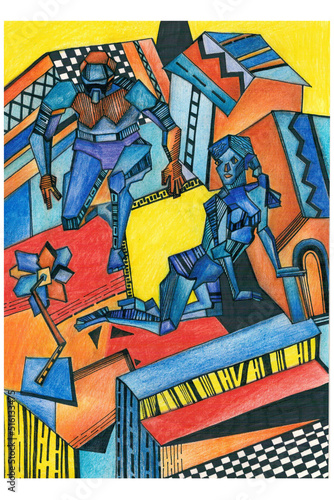 Woman and Man Cubism . bright illustration , color textured background . the painting is in a modern style . blank for printing