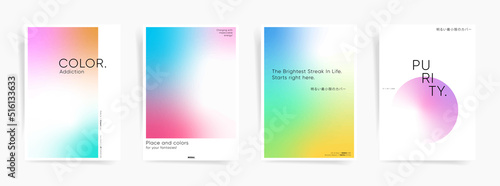 Japanese text - Minimal colorful cover. Minimal color poster set. Gradient cover page design template. Simple modern brochure layout. Mesh fluid colors and clean design backgrounds. Vector.