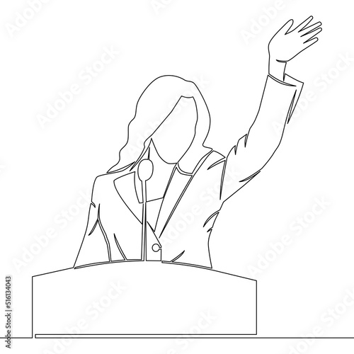 Continuous line drawing Politician woman standing behind rostrum and giving a speech concept