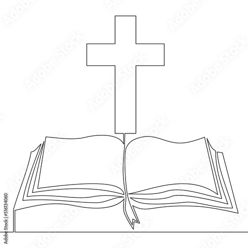 Continuous line drawing Church logo Bible with Christian cross religion concept